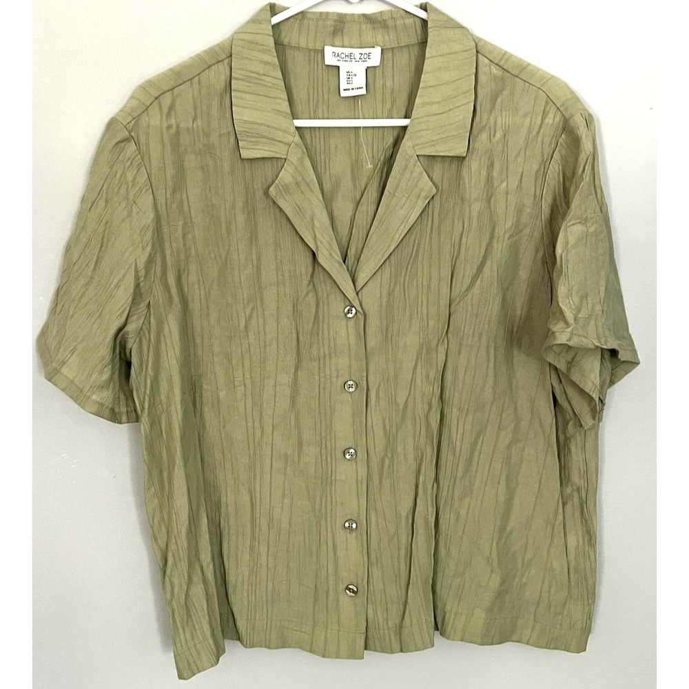 Rachel Zoe Shirt Womens L Sage Green Crinkle Button Front Short Sleeve Top NWOT